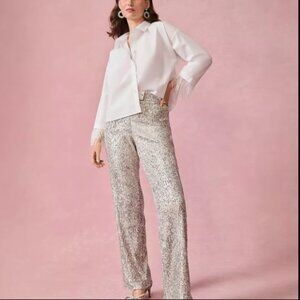 ANN TAYLOR LOFT SEQUIN STRAIGHT PANT SILVER/NATURAL $108 NEW 18